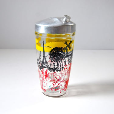Vintage Glass Shaker with Paris Theme Graphics and Classic Cocktail Recipes, Retro Barware 