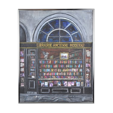 Vintage Paris Street Scene Painting Bookstore Storefront Marcella Lewin Chicago artist 
