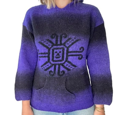 Vintage 1990s Womens Hand Knit Purple Ombre Wool Sun Hippie Hoodie Sweater Sz M 
