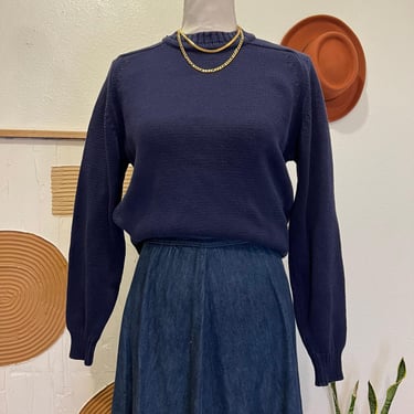 90s Lands' End Navy Blue Cotton Chunky Knit USA Made Pullover Sweater S 