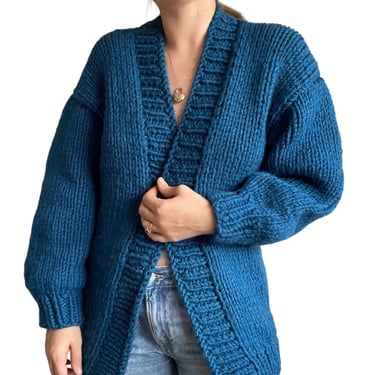 Hand Knit Womens Navy Blue Chunky Knit Oversized Cozy Warm Cardigan Sz M 