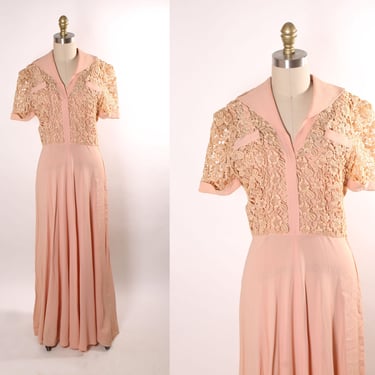 1940s Light Pink Sheer Lace Floral Bodice Short Sleeve Full Length Dress -L 