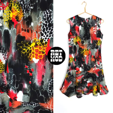 Awesome Vintage 60s 70s Red Black Yellow Abstract Sleeveless Dress 