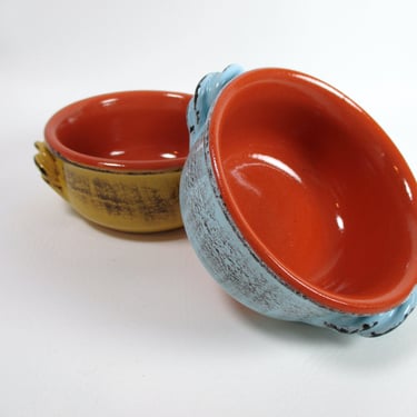 Pair DeSilva Glazed Terracotta Bowls Vintage Ovenware Casserole Dish w Handles Set 2 Soup Crocks Yellow Blue Cookware Bakeware Made in Italy 