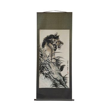Chinese Black White Ink Lion Theme Scroll Painting Original Wall Art ws1976E 