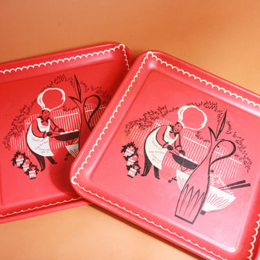 Set of 2 50s Red White Novelty Metal Serving Tray Vintage Graphic Decorative Tray 
