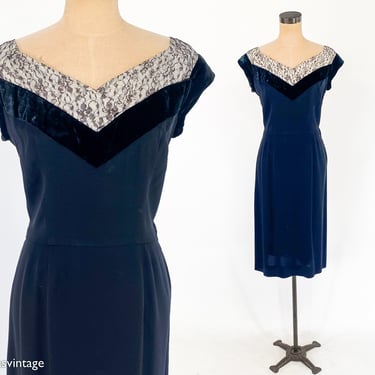 1950s Black Party Dress | 50s Black Crepe & Lace Cocktail Dress | Le Vine Original | Medium 