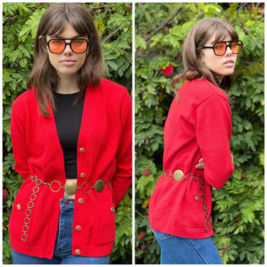 Red Hot Cardigan Sweater 80s Gold Buttons charming pockets S M 