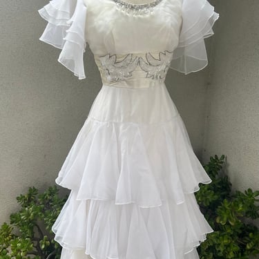 Vintage Emma Domb CA wedding dress white tiered chiffon beaded Sz XS 