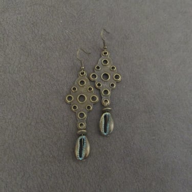 Cowrie shell earrings, industrial earrings, steam punk earrings, blue patina earrings, antique bronze earrings, bold statement earrings 