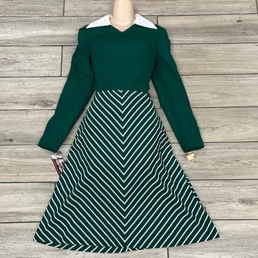 mod striped dress 1960s dagger collar green stripe skirt small new old stock 