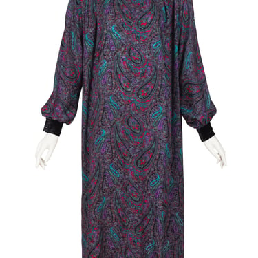 Emanuel Ungaro 1980s Vintage Paisley Silk Velvet Shoulder Midi Dress 