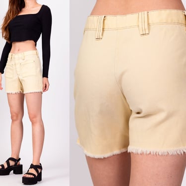 70s Yellow Mid Rise Cut Off Shorts Extra Small | Vintage Contrast Stitch Retro Cutoffs 
