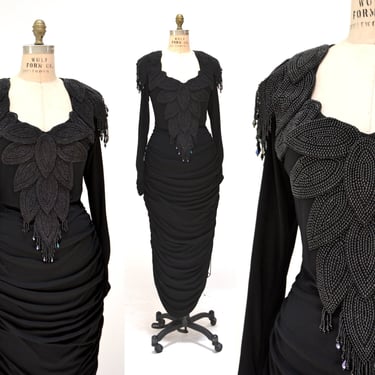 80s 90s Vintage BLACK Beaded Dress Knit Jersey Small Medium Criscione// Vintage Knit Draped Beaded Fringe Long Sleeve Party Dress Body Con 