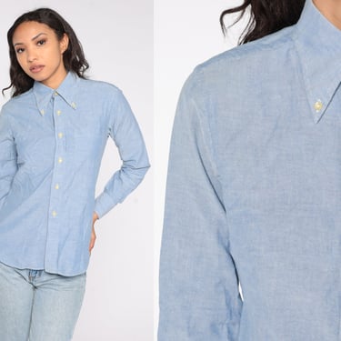 Blue Button Up Shirt 80s Chambray Shirt Dagger Collar Light Blue Cotton Top 1980s Long Sleeve Collared Blouse Vintage Plain Shirt Small S 