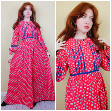 1970s Vintage Salmon Red Floral Prairie Dress / Dagger Collar Cotton Homemade Western Maxi / Medium 