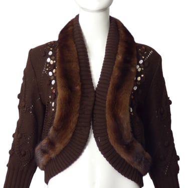 BLUMARINE- Brown Jeweled & Fur Trimmed Cardigan, Size 12