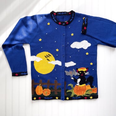 Halloween sweater 90s vintage Quacker Factory black cat pumpkin bat moon cardigan sweater 