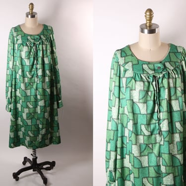 1970s Green Novelty Print Patchwork Long Sleeve Dress -4XL 