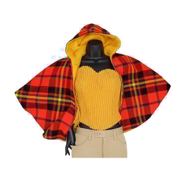 vintage 70s mod red plaid gold hoodie cape size small 1970s cropped overcoat warm winter coat Reversible Cape Poncho tartan plaid top 