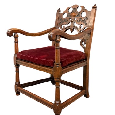Free shipping within continental US - Vintage Tudor Gothic Revival Style Arm Chair with Intricate Carvings With Removable  Upholstered seat 
