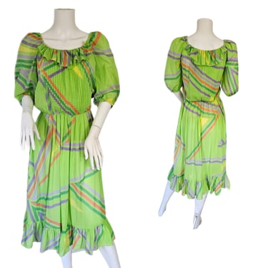 1980's Geometric Print Lime Green Cotton Blouson Puff Sleeve Dress I Sz Med 