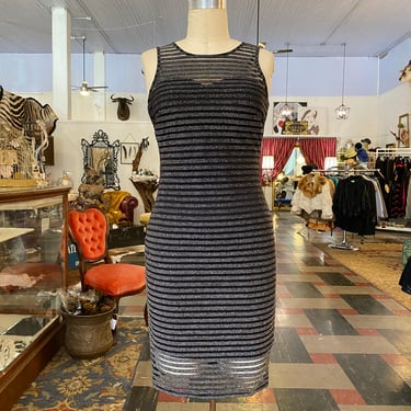 1990s bandage dress, sheer black and silver striped, guess label, vintage 90s dress, y2k, early 200s fashion, body con, sleeveless sheath, 