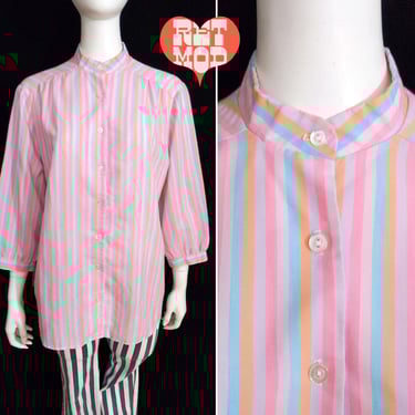 Comfy Vintage 70s 80s Pastel Pink Blue Peach Stripe Oversized Button Down Blouse 