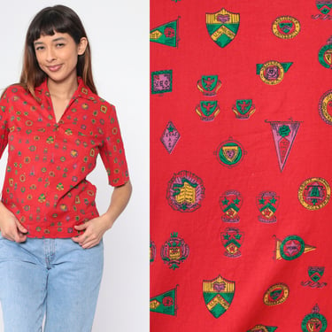 70s Heraldic Print Shirt Collegiate & Military Crest Top Red College Banner Blouse 1970s V Neck Short Sleeve Vintage Bohemian Small S 