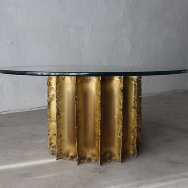 Brutalist Torch Cut Brass and Glass Drum Coffee Table 