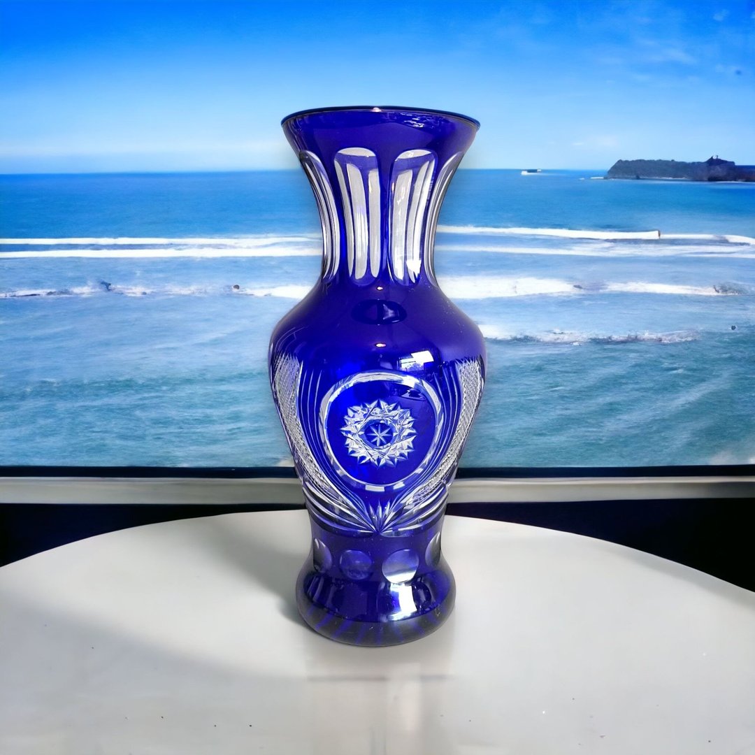 Vintage large authentic 16” Cobalt Blue Cut to Clear Vase