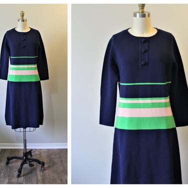 Vintage 1960s Di Costa Hong Kong Mod Colorblock blue pink green striped wool dress vtg  // Modern Size US 4 6 Small 