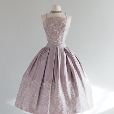 Breathtaking 1950's Embroidered Steel Lavender Satin Party Dress / Small