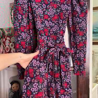 80’s vintage Laura Ashley navy blue corduroy puff sleeve dress with purple and pink floral pattern and pockets 