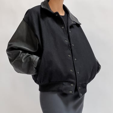 Black Leather Varsity Jacket (M)