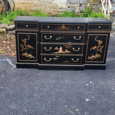 East Asian Lacquered Sideboard. Full-height Locking side compartments, 3 storage drawers, pull-out top drawer writing desk. 60x16x32