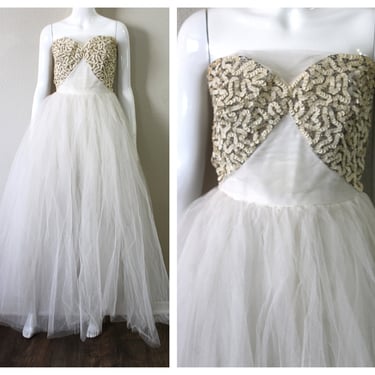 1950s Prom Cupcake Dress / Vintage Fancy Strapless Off White Sequins Tulle Event Dress formal gown // US 4 6 small 