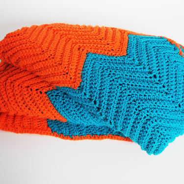 Vintage Crocheted Afghan Throw Blanket - Blue & Orange - zig zag chevron stripes - Soft Acrylic 