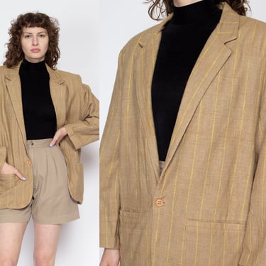 Med-Lrg 80s Oversize Woven Cotton Pinstriped Blazer | Vintage Willi Smith Tan Button Up Notched Collar Sport Coat Jacket 