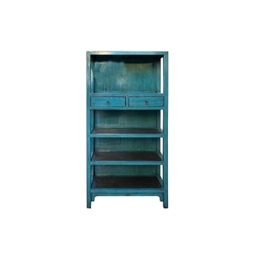 Distressed Turquoise Blue Rattan Shelves Bookcase Display Cabinet ws4321E 