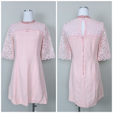 1960s Vintage Pastel Pink Crepe Mini Dress / 60s Sequin and Lace Bib Babydoll Dress / Size Medium -  Large 