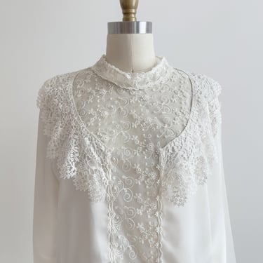 cute cottagecore blouse 80s 90s vintage cream mesh lace collar long sleeve shirt 