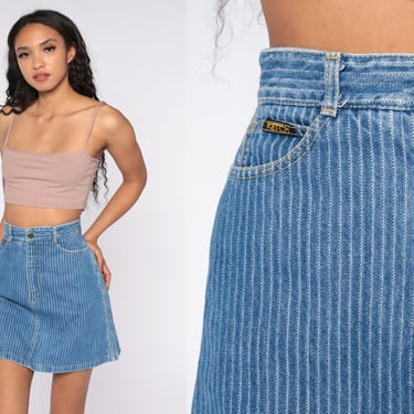 Denim Mini Skirt Striped Jean Skirt 80s Skirt Blue 1980s High Waisted Flared A Line Skirt Retro Vintage Extra Small xs 