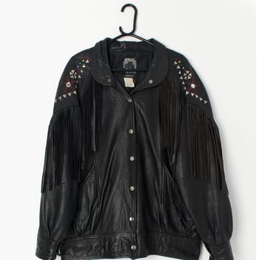 Vintage black leather jacket with fringe and jewel detail, made in the UK circa 1980 - Large / XL 