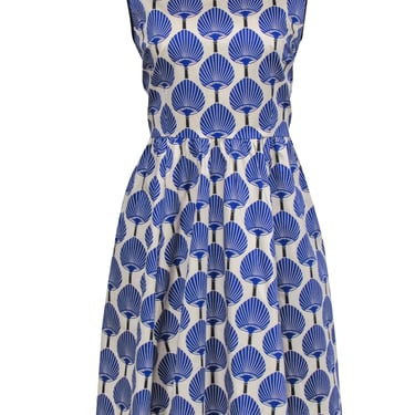 Kate Spade - Cream & Blue Fan Print Sleeveless Dress Sz 8