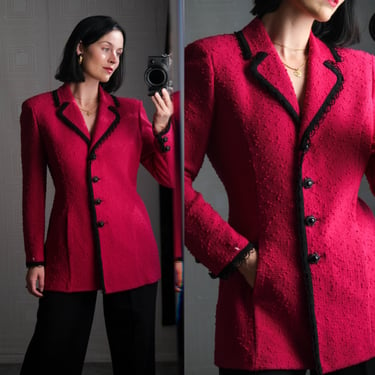 Vintage 90s St. John Collection Hot Pink Boucle Santana Blazer w/ Soutache Trim & Victorian Buttons | Made in USA | 1990s Designer Jacket 