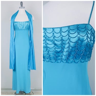 1990s Vintage Gilar Evenings Aqua Tri-Acetate Gown / 90s / Empire Waist Beaded Scale Flowing Party Dress / Size 6 