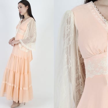 1970s Light Peach Lace Kimono Sleeve Boho Wedding Dress 