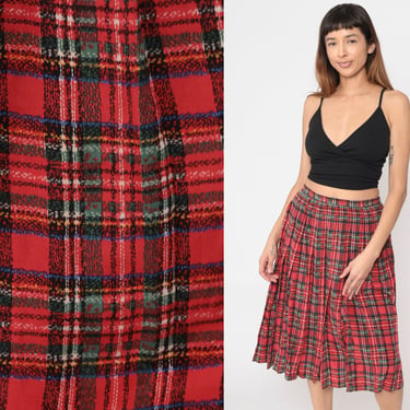 Plaid Silk Skirt 80s Pleated Midi Skirt Red Green Tartan High Waist Skirt School Girl Skirt Vintage 1980s Secretary Skirt Retro Small s 