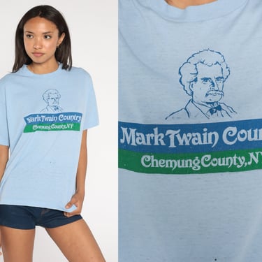 Vintage Mark Twain Shirt 80s 90s Chemung County NY Author Literary T Shirt Screen Stars New York Graphic Vintage Blue Burnout Extra Large xl 